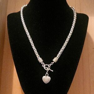 Sterling braided chain with pave diamond heart necklace